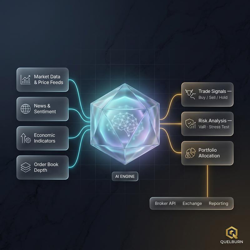 Diagrama do motor de IA da Quelburn: dados de mercado, notícias, indicadores econômicos e profundidade do livro de ofertas alimentam um núcleo analítico que gera sinais de operação, análise de risco e alocação de carteira