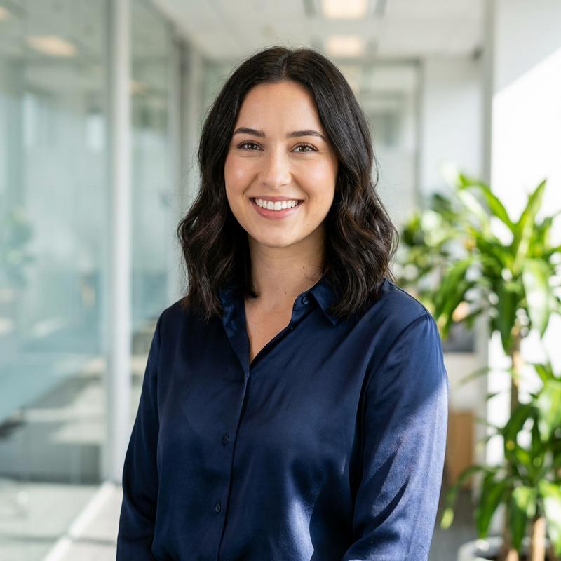 Consultora de relacionamento da Quelburn sorrindo em um escritório moderno, com iluminação natural e plantas ao fundo