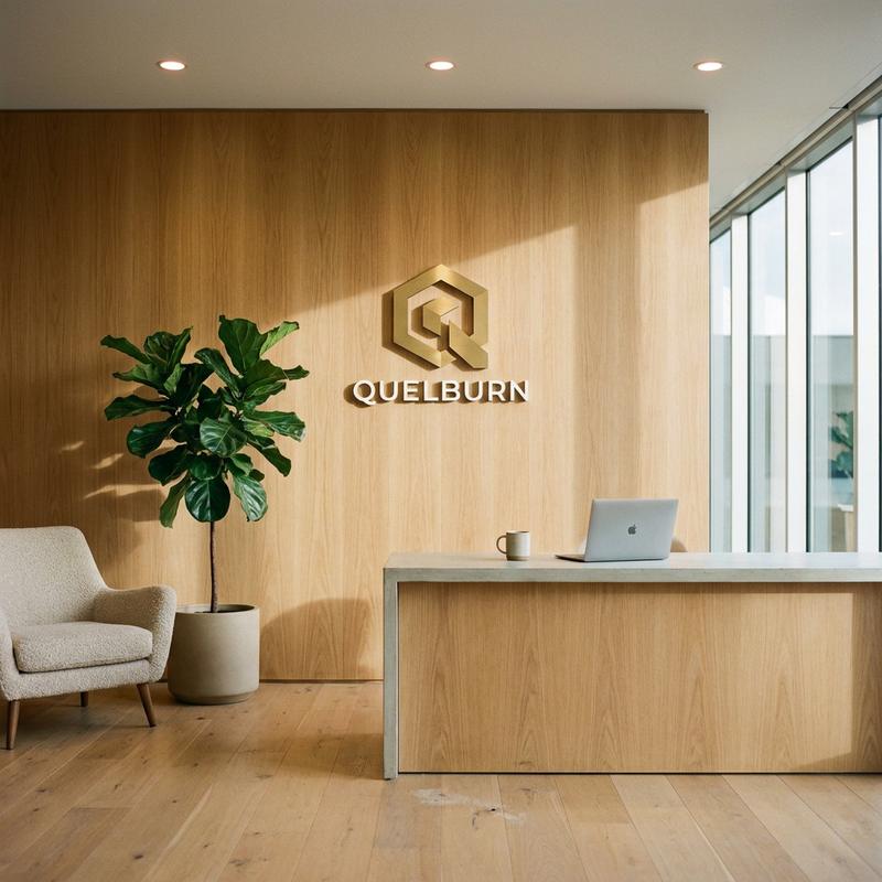 Recepção da sede da Quelburn, com parede revestida em madeira clara exibindo o logotipo dourado, poltrona, planta e luz natural entrando pelas janelas