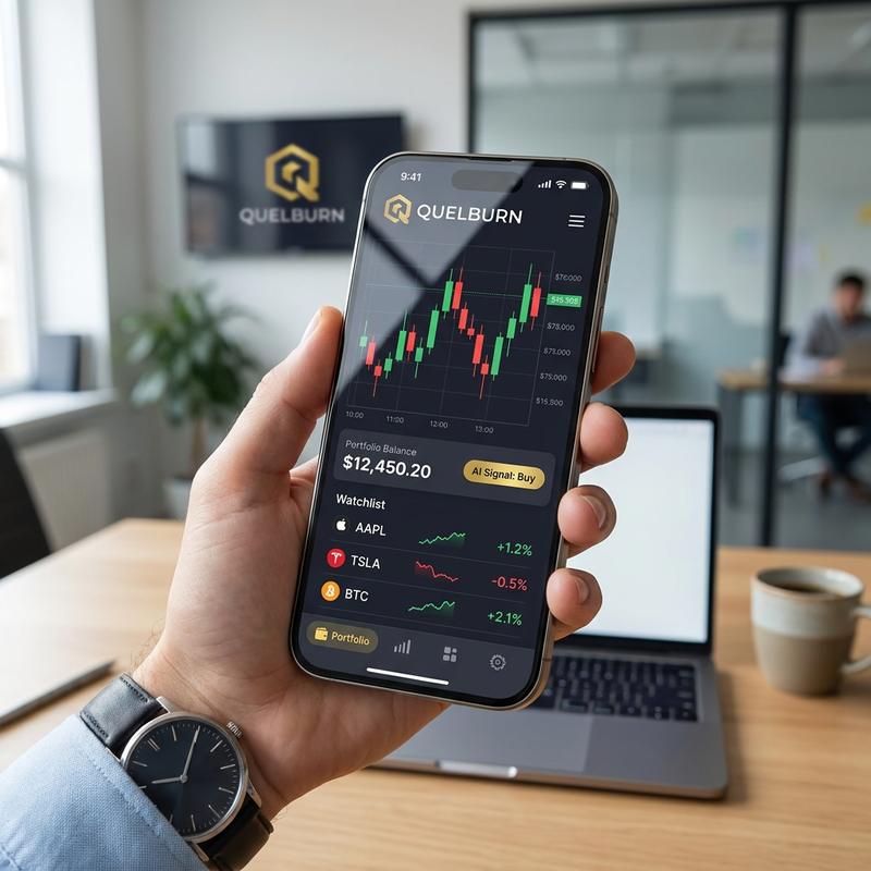 Mão segurando um celular com o aplicativo da Quelburn aberto, exibindo gráfico de candles, saldo da carteira, sinal de IA e lista de ativos, com um escritório ao fundo