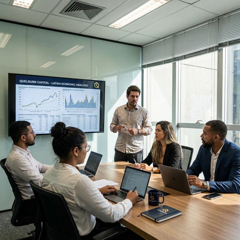 Equipe da Quelburn reunida em uma sala de reuniões analisando um relatório econômico da América Latina projetado na tela